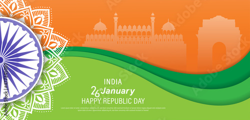 Fototapeta 26 th January Indian Republic Day banner template design with Indian flag and silhouette of Indian monument