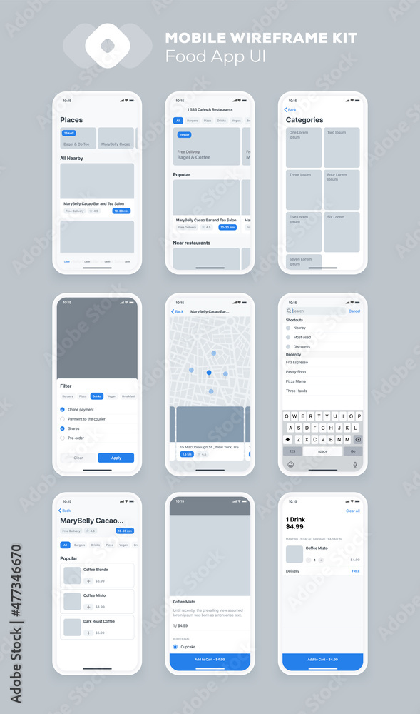 Mobile app design. UI UX wireframe kit for smartphone. New OS Food ...