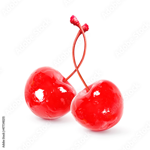 Cherry cocktail. Twin or double maraschino cherries with stems isolated on white background. photo