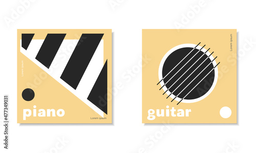 Piano and guitar music poster concept. Colored flat vector illustration. 
