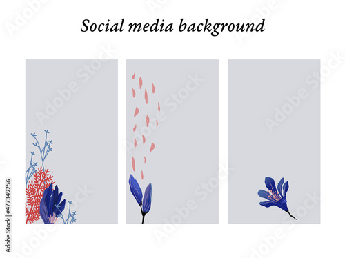 Plantillas de diseño para historias en redes sociales de motivos florales modernos en tonos azules y rojos con espacio para texto e imágenes