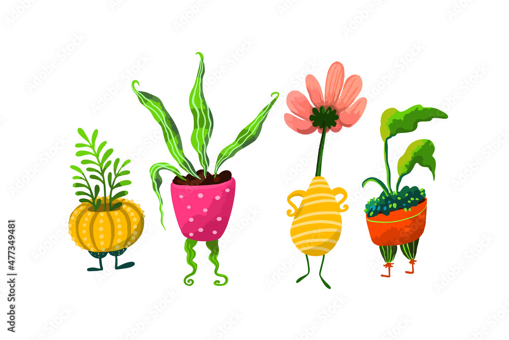 Set of Cartoon Potted Flowers with Legs Set of Cartoon Potted Flowers with Legs