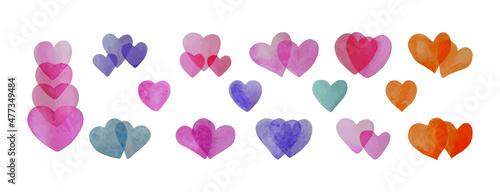A set of hand-drawn watercolor hearts. Perfectly insulated object for Valentine's Day card or romantic card