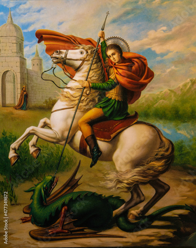 an icon depicting Saint George killing the dragon photo
