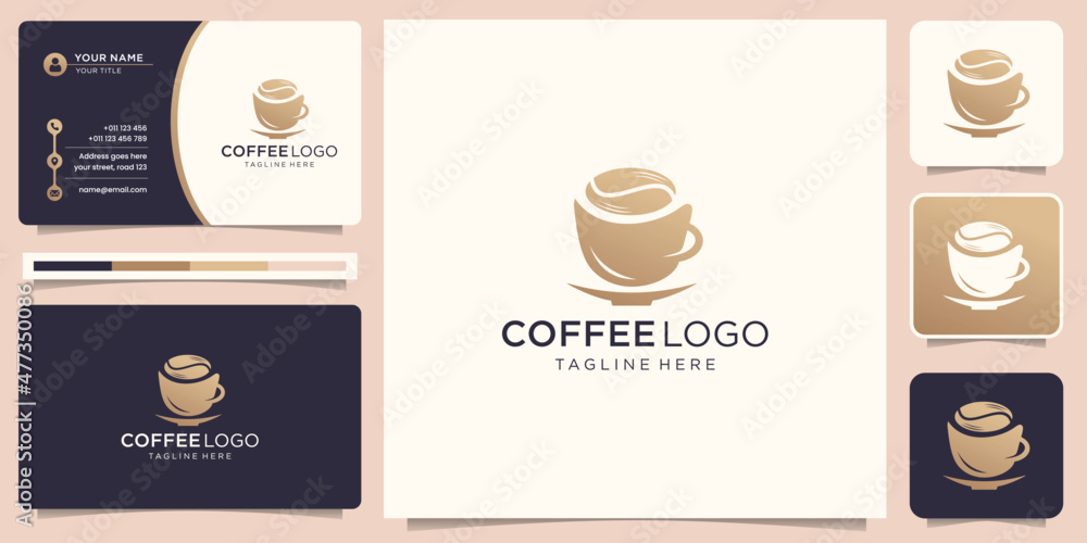 Elegant coffee logo design template and business card. golden color, coffee mug, creative cup. - obrazy, fototapety, plakaty 