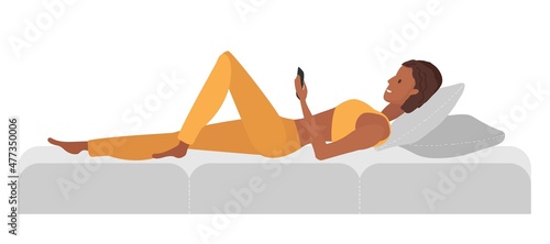 Young girl lying on couch and looking into phone. Day rest. Woman in domestic clothes. Obsession with gadgets, social networks, instant messengers flat Vector illustration in flet style