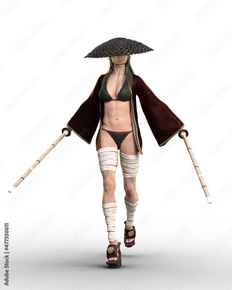 Young female martial arts warrior walking towards the camera holding two wooden shinai practice swords. 3D rendering isolated on white. Young female martial arts warrior walking towards the camera holding two wooden shinai practice swords. 3D rendering isolated on white.