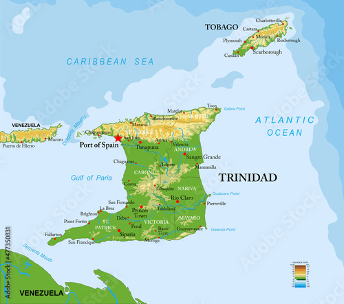 Trinidad and Tobago islands highly detailed physical map photo