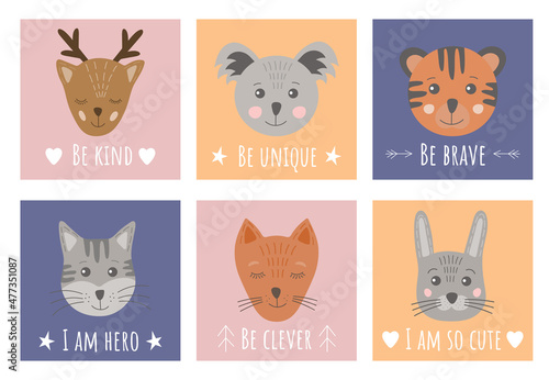 Cute simple animal portraits in hand drawn Skandinavian style - tiger, hare, fox, koala, cat, deer. Cute simple animals for kids and baby, nursery poster, greeting cards, seamless pattern.