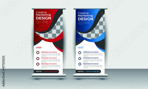 Roll up banner design of vector white roll-up banners with round, pull up design, modern x-banner, rectangle size. photo