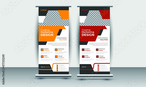 Roll up banner design of vector white roll-up banners with round, pull up design, modern x-banner, rectangle size.