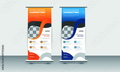 Roll up banner design of vector white roll-up banners with round, pull up design, modern x-banner, rectangle size.