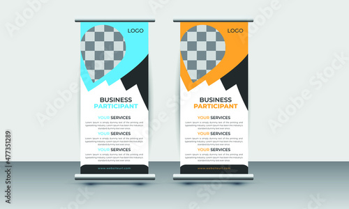 Roll up banner design of vector white roll-up banners with round, pull up design, modern x-banner, rectangle size.