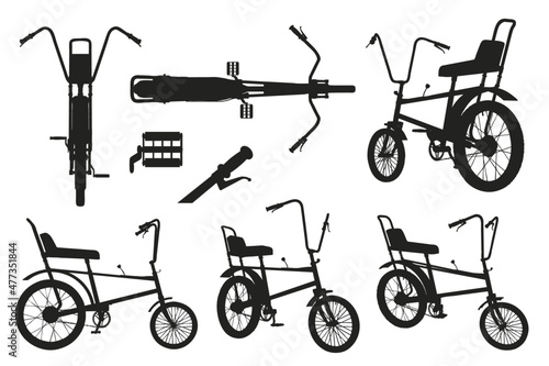 Isolated classic bicycle silhouettes in different views.