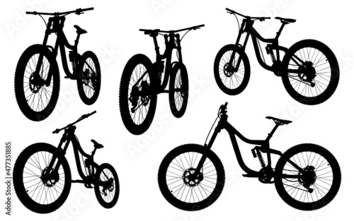 Isolated MTB Mountain bike silhouette collection in different views.