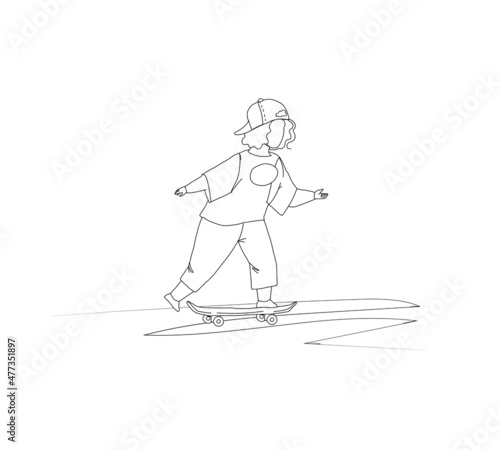 Teenager boy-to-girl riding skateboard outline vector drawing. Teen self-awareness and psychology problem concept