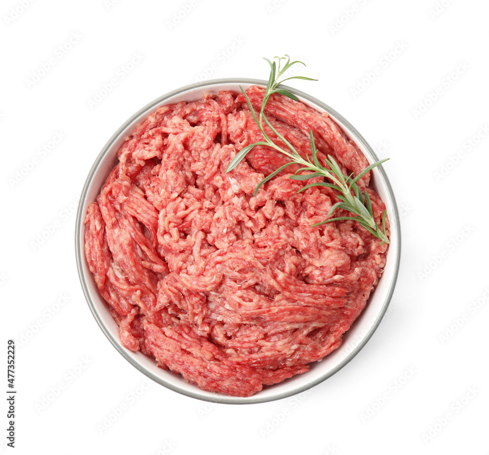 Fresh minced meat and rosemary in bowl on white background, top view Fresh minced meat and rosemary in bowl on white background, top view