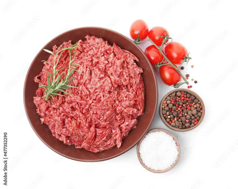 Fresh minced meat and other ingredients on white background, top view Fresh minced meat and other ingredients on white background, top view