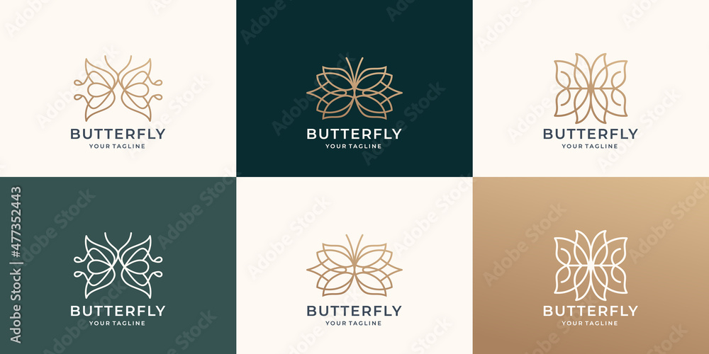 set of abstract line art style butterfly logo design inspiration with gold color and linear shapes. set of abstract line art style butterfly logo design inspiration with gold color and linear shapes.