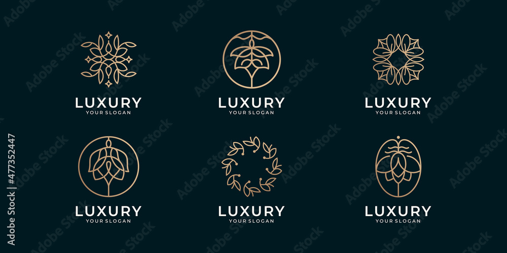set collection of Luxury line art logo. abstract beauty flower, frame rose, and leaves shape logo inspiration.