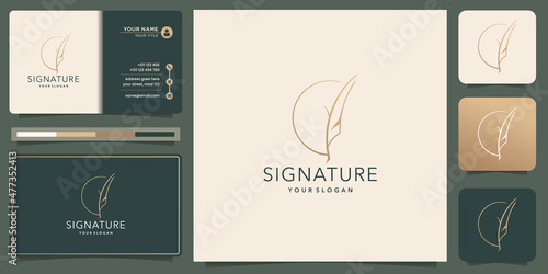 Minimalist quill feather design.pen signature handwriting circle frame logo and business card design