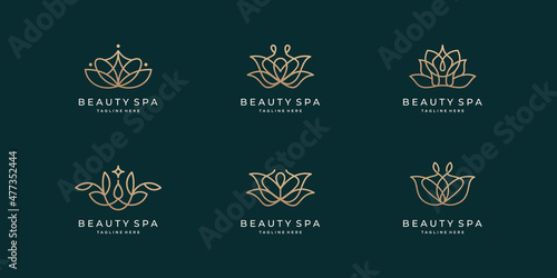 lotus logo icon set. beauty spa golden color. beauty spa logo inspiration minimalist line art style for business of fashion, lotus, skin care.