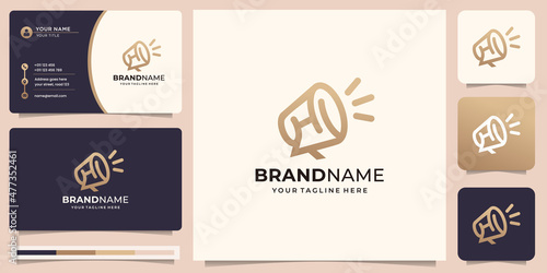 creative linear style megaphone logo design inspiration with business card template.