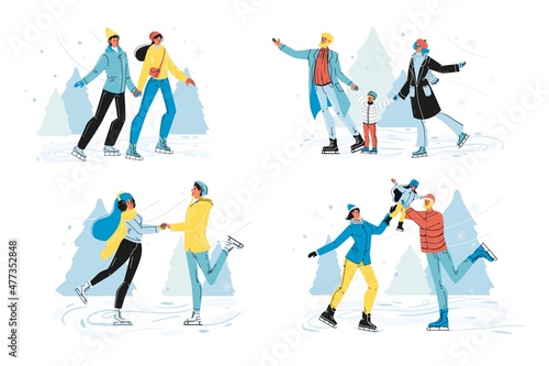 Happy people skating on outdoor ice rink vector isolated set. Lover couple, family with children ice-skating in winter park
