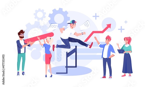 Team leading to finish young man overcoming obstacles jumping over barriers flat vector illustration. Search for right solution, business problem solving, help and support concept