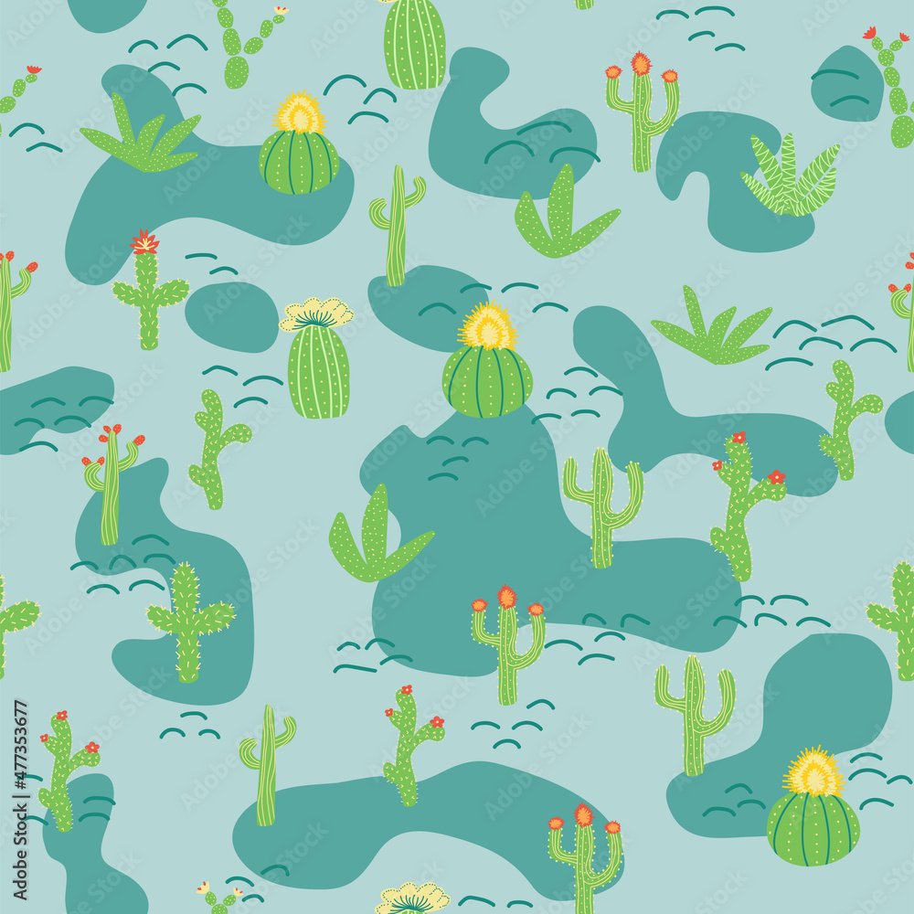 seamless pattern with different cactus. Bright repeated texture with green cacti. Natural background with desert plants seamless pattern with different cactus. Bright repeated texture with green cacti. Natural background with desert plants