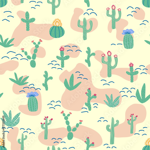 seamless pattern with different cactus. Bright repeated texture with green cacti. Natural background with desert plants