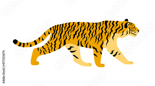 Walking tiger side view. Big wild cat. Symbol of chinese new year. Vector flat illustration isolated on white.