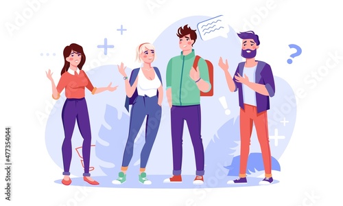 Diverse people talking, thinking, having nice conversation, asking answering questing flat vector illustration. Communication concept