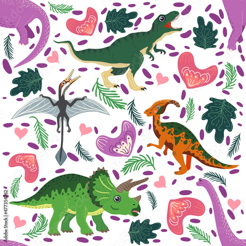 Doodle dinosaur pattern. Seamless textile dragon print  trendy childish fabric background  cartoon dinosaurs.
