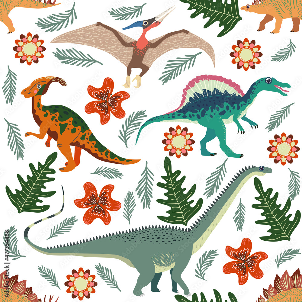 Obraz premium Doodle dinosaur pattern. Seamless textile dragon print, trendy childish fabric background, cartoon dinosaurs.