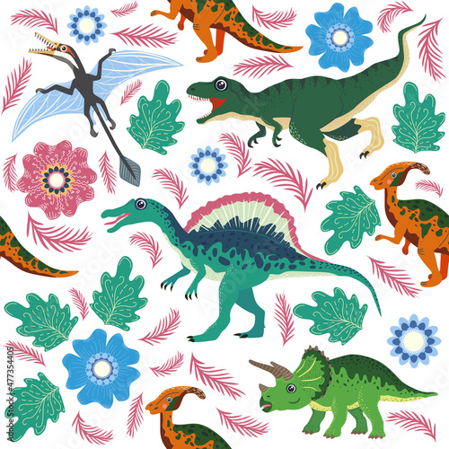 Doodle dinosaur pattern. Seamless textile dragon print  trendy childish fabric background  cartoon dinosaurs.