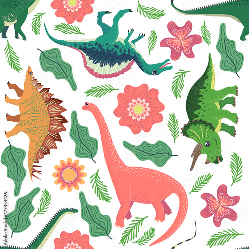 Doodle dinosaur pattern. Seamless textile dragon print, trendy childish fabric background, cartoon dinosaurs.