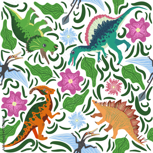 Doodle dinosaur pattern. Seamless textile dragon print  trendy childish fabric background  cartoon dinosaurs.