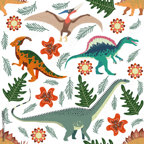 Fototapeta Naklejka Na Ścianę i Meble -  Doodle dinosaur pattern. Seamless textile dragon print, trendy childish fabric background, cartoon dinosaurs.