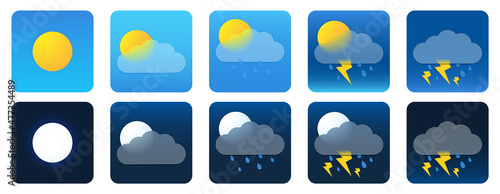 
Vector illustration. Set of weather icons in the style of glass morphism, isolated on white background. Effect frosted glass. Useful for web design purposes. Eps 10.

