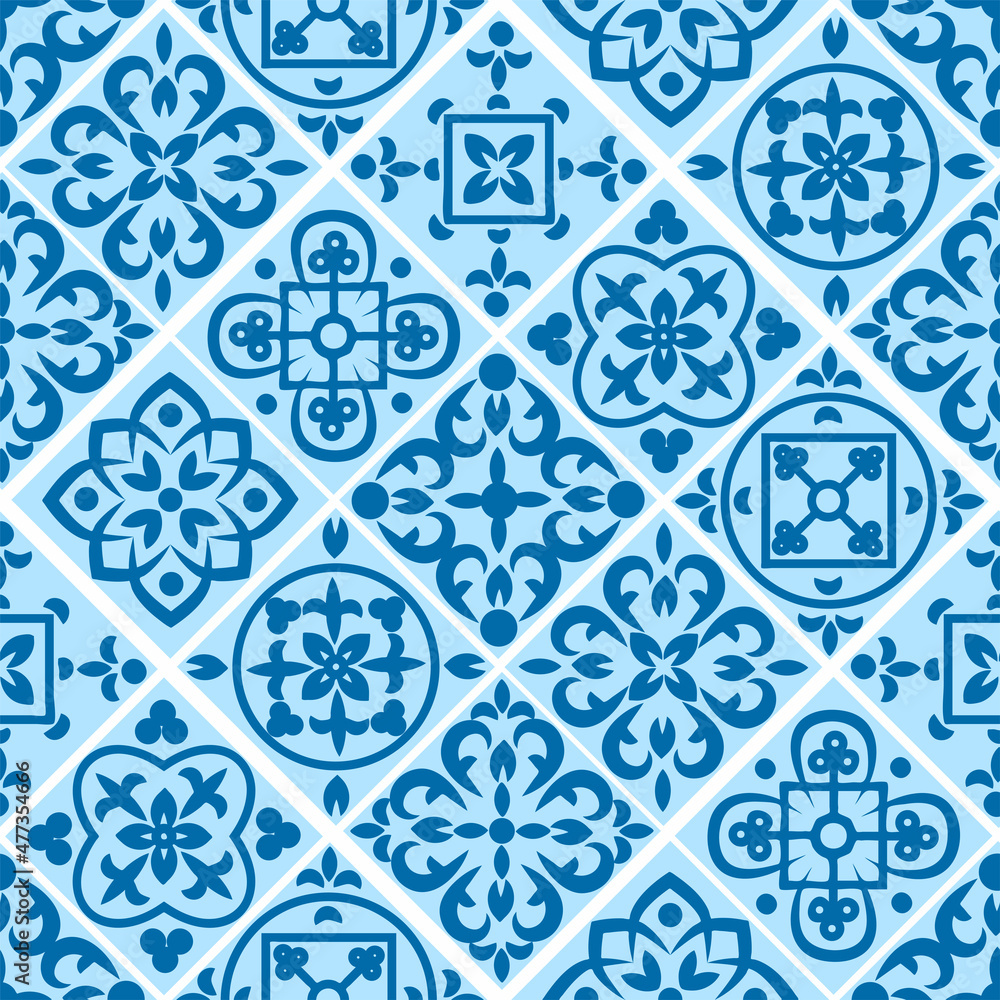Portuguese seamless pattern with azulejo tiles. Gorgeous seamless patchwork pattern from colorful Moroccan tiles, ornaments Portuguese seamless pattern with azulejo tiles. Gorgeous seamless patchwork pattern from colorful Moroccan tiles, ornaments