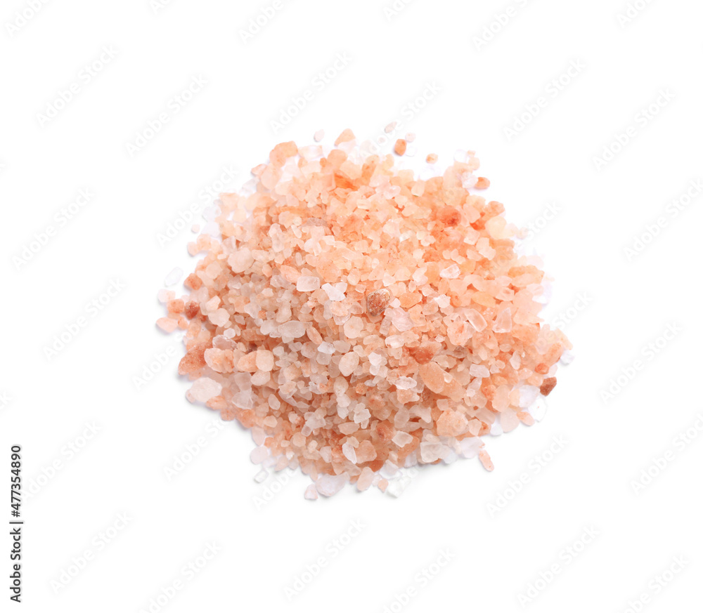 Heap of pink Himalayan salt on white background, top view Heap of pink Himalayan salt on white background, top view