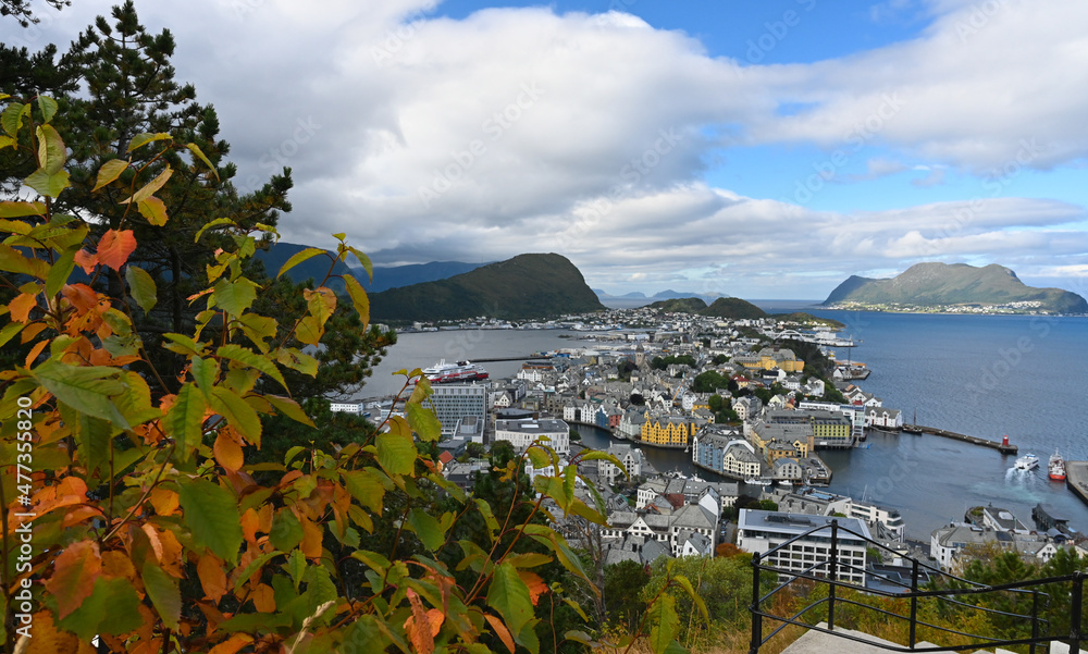 Cityscape of Alesund, Norway on a cloudy day. Colorful leaves are in the front and the city in the background.