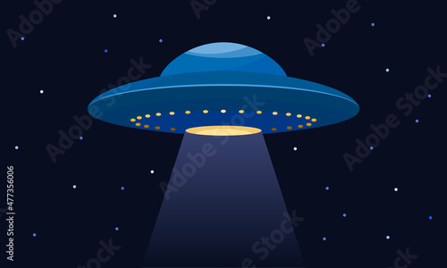 Tela flying saucer with UFO aliens against the background of the night starry sky
