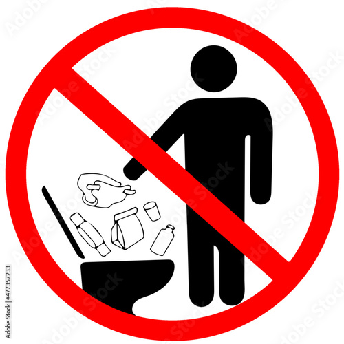 Do not litter in toilet icon. Keep clean sign. Not to throw garbage, mask into toilet in prohibition warning caution red circle isolated on white background.