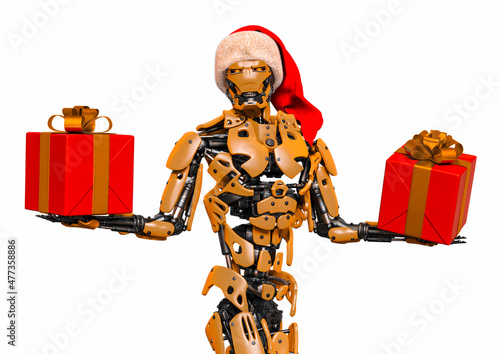 cyborg is the santa this time and he is holding present and gift photo