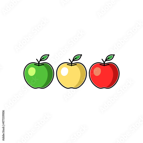 Green, yellow and red apples in childrens flat style, vector illustration