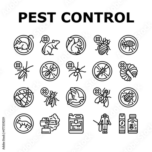 Pest Control Service Treatment Icons Set Vector. Woodworm And Spider, Ant And Rat, Mouse And Silverfish Pest Control With Professional Equipment Chemical Liquid Or Smoke Black Contour Illustrations