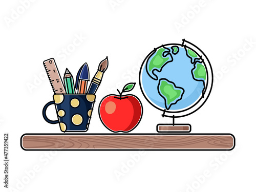 Pupil's items on a wooden shelf. Pen, pencil, brush and ruler in a cup, apple and globe. Vector illustration
