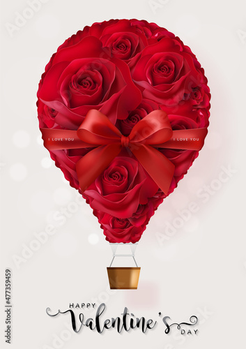 Valentine's day greeting card templates with realistic of beautiful rose and heart on background color.
